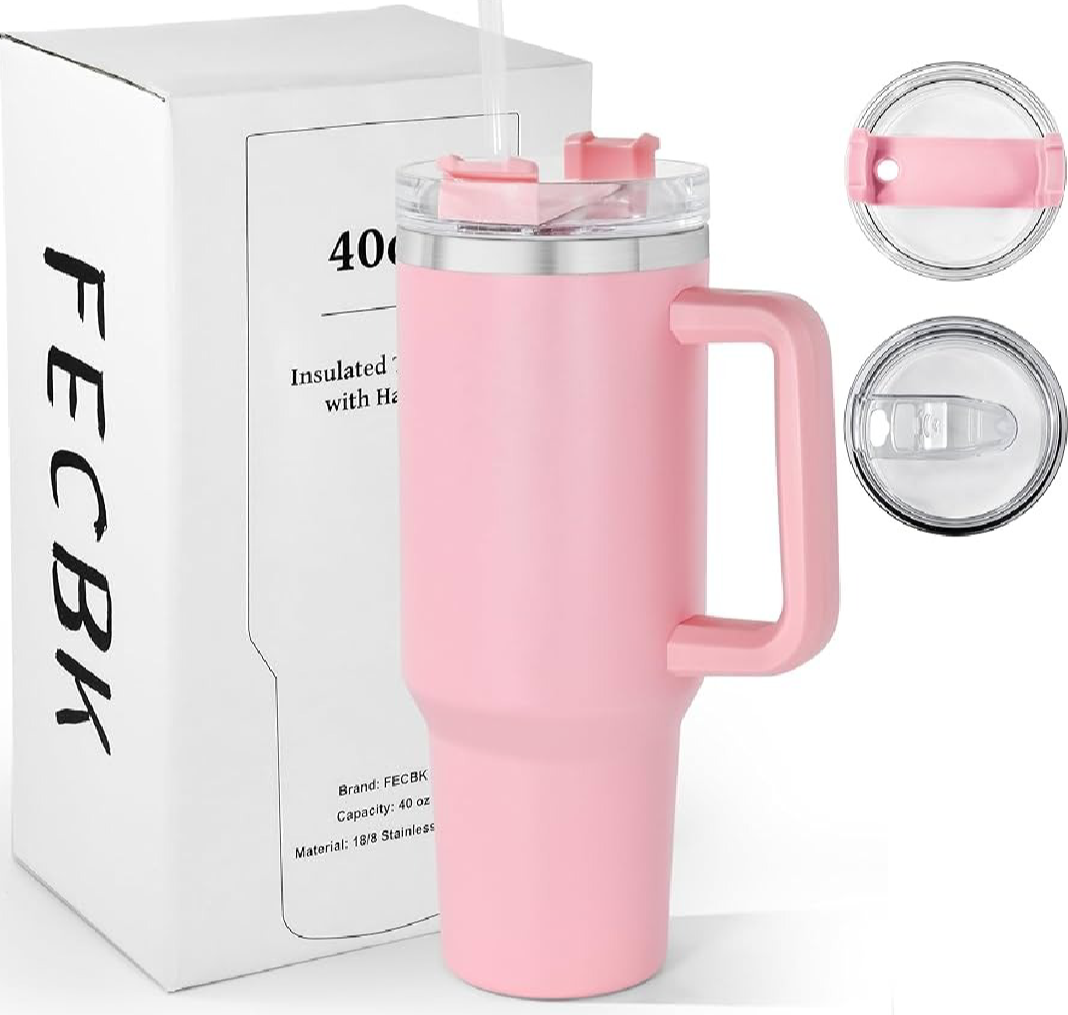 40oz stainless steel insulated tumbler with a handle and straw lid.