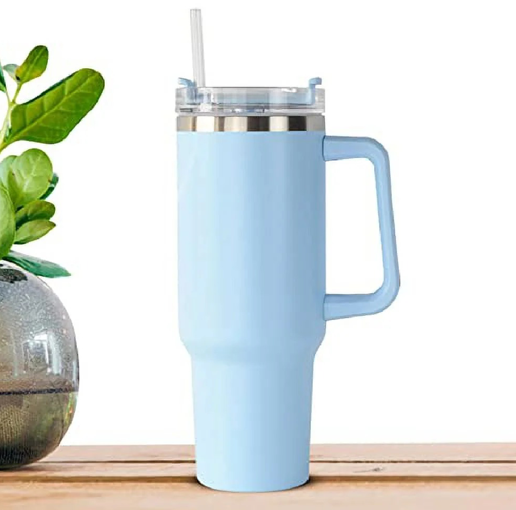 40oz stainless steel insulated tumbler with a handle and straw lid.