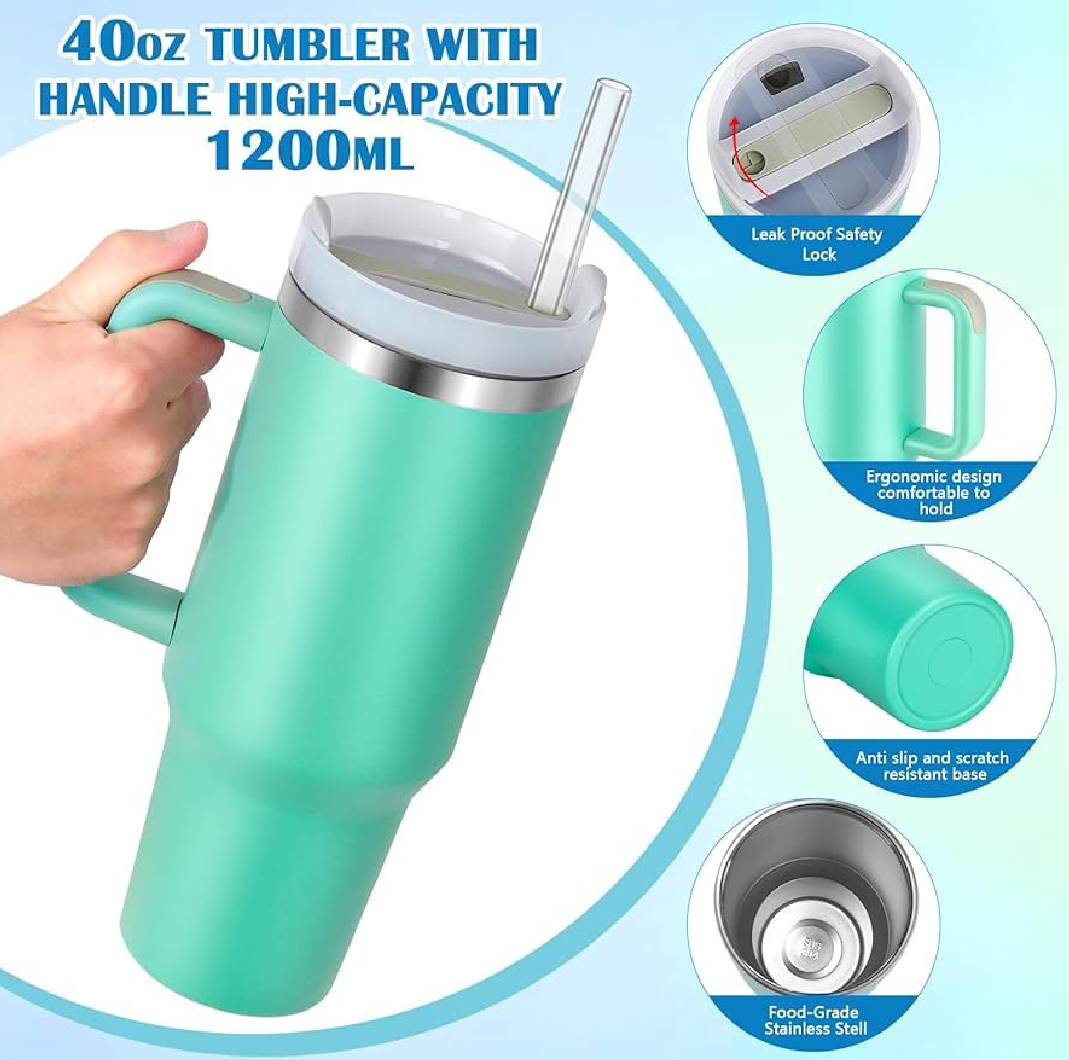 40oz stainless steel insulated tumbler with a handle and straw lid.