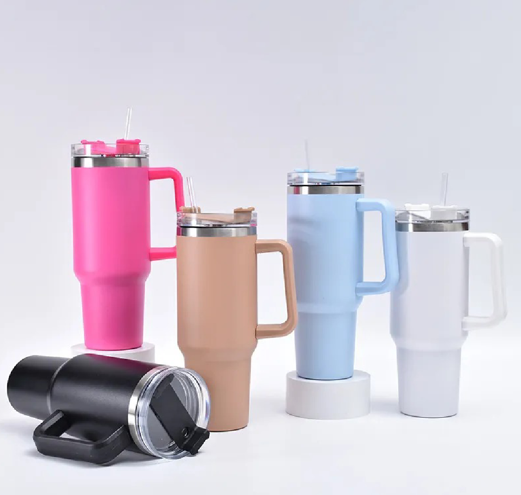 40oz stainless steel insulated tumbler with a handle and straw lid.