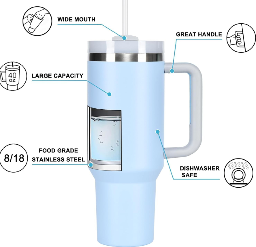 40oz stainless steel insulated tumbler with a handle and straw lid.