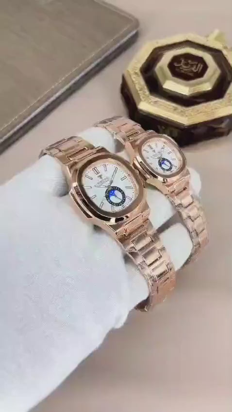 Stylish Couple Watch set | 2pc Quartz Chronograph | In Rose Gold |