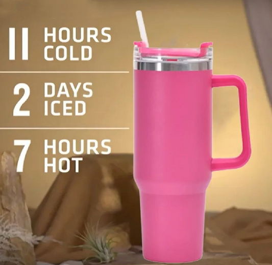 40oz stainless steel insulated tumbler with a handle and straw lid.