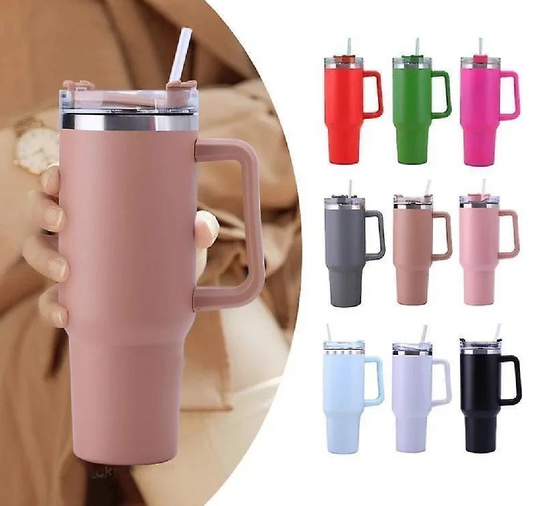40oz stainless steel insulated tumbler with a handle and straw lid.
